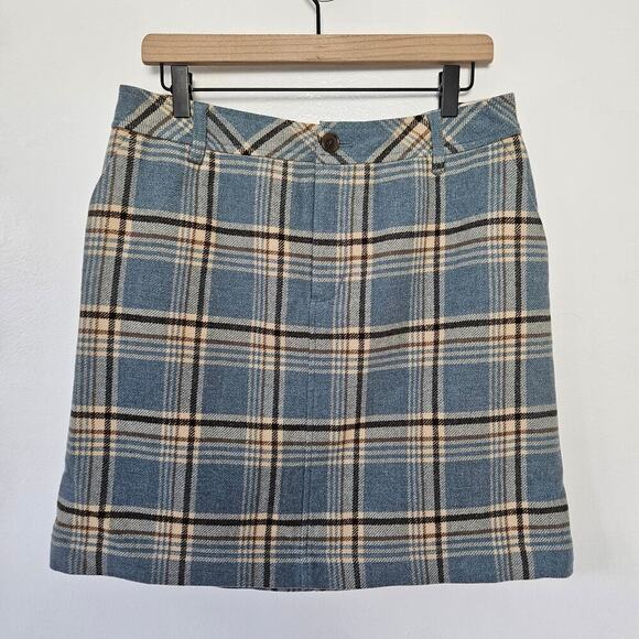 Eddie Bauer Plaid Wool Mini Skirt 12P Petite Blue Brown Ivory‎ Academia Preppy - Picture 1 of 7